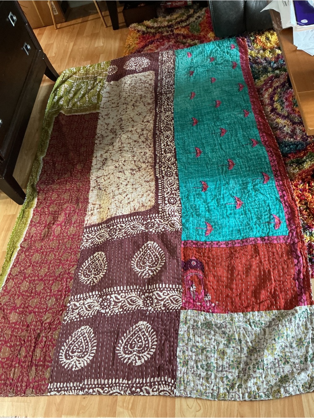 Tantha Handcrafted Patchwork Quilt Throw in Teal, Red, Brown and Cream